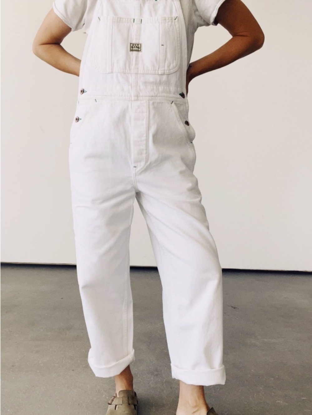 Hey Gang Miner Overalls White Denim Size 3. Custom embroidered gold peace sign